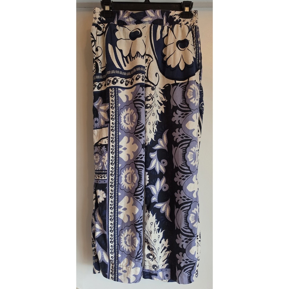 Christian Siriano Pants XS Floral Paisley Blue White Linen Boho Wide-Leg